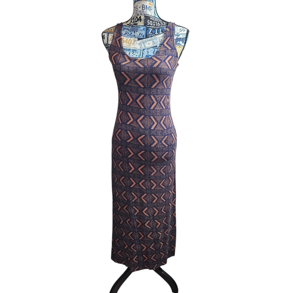 UO Staring at Stars Aztec Batik Geometric Pattern Dress Small Orange Navy Blue